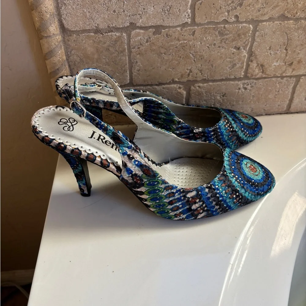 J.Renee Blue and Green Peacock Camelia Patterned Heels Women’s 11W 4” Heel - Picture 3 of 8